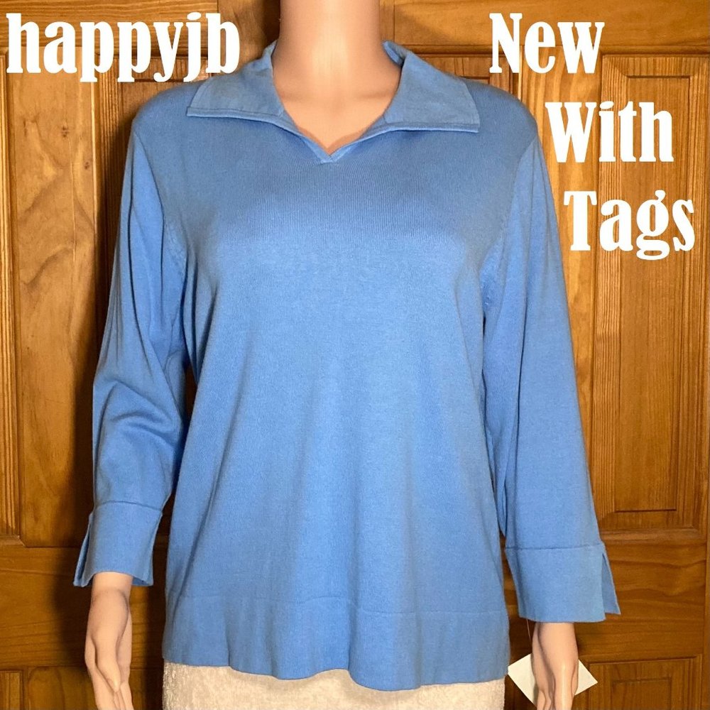 NWT Liz Claiborne Vintage 90s Top 3/4 Sleeve V Neck Blouse Blue Size XL